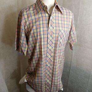 VINTAGE Getaway Arrow Blue Yellow Orange Checked Short Sleeve Shirt Men's Sz 16